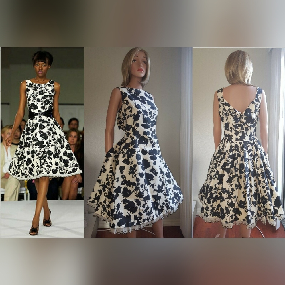$4,800 OSCAR DE LA RENTA WHITE BLACK FLORAL RUNWAY DRESS US 8